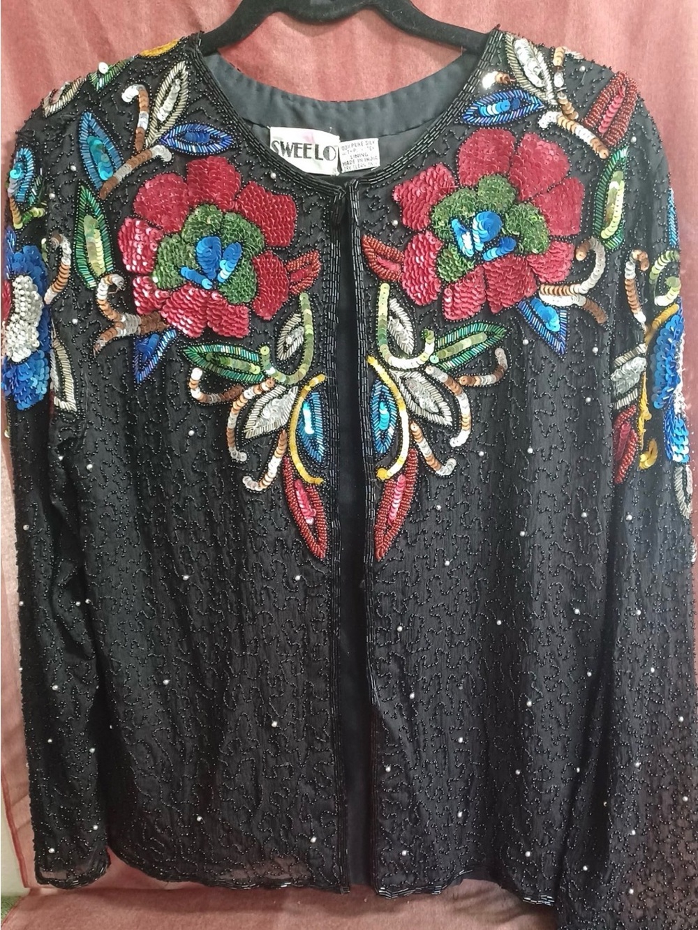 SWEETLO Beaded Embellished Black Silk Jacket with Red Floral Sequins